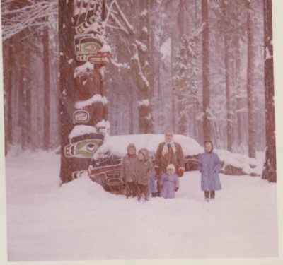 Vintage family photo in the snow
