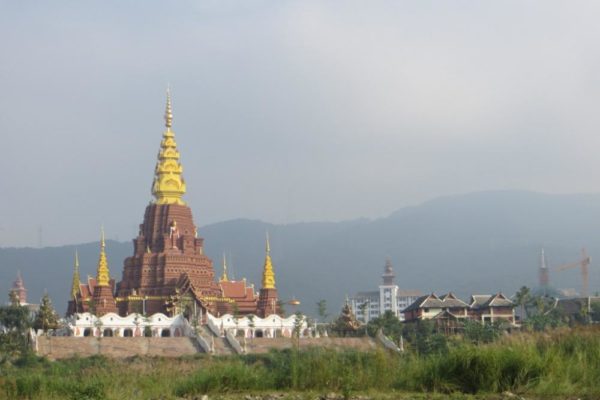A large pagoda on the far shore